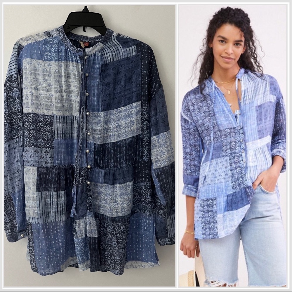 Pilcro Anthropologie Blue Patchwork Floral Hippie Peasant Relaxed Fit Shirt M